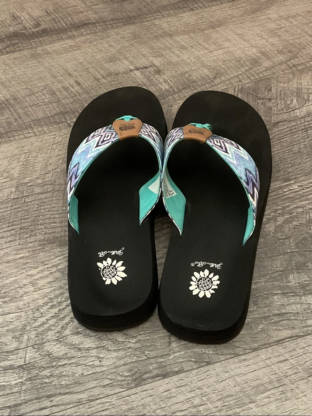 Yellow Box Flip Flops with Turquoise & Patterned Straps - Picture 2 of 4